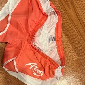 Coral and White Mesh-Trim Athletic Shorts